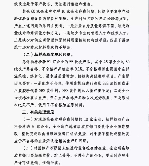2017防水卷材專項督查結果：10家企業有問題！5批次產品不合格！