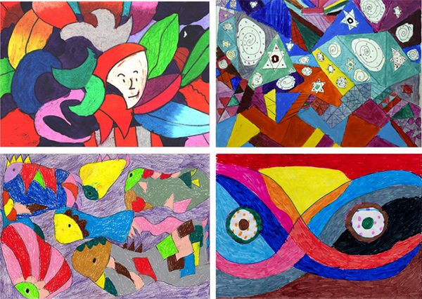 部分作品展示左上:《葉叢與面孔》劉一,上海自閉癥;右上:《斑駁的星光》婷婷,成都,精神障礙左下:《無(wú)名》娜娜,成都,精神障礙右下:《無(wú)名》娜娜,成都,精神障礙